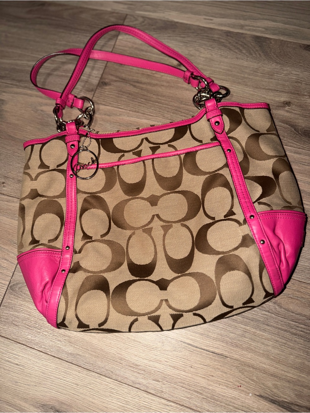 Coach Tan Signature Shoulder Bag with Hot Pink Trim
